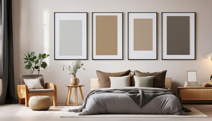 Modern Bedroom Interior 3D Frame Mockup Showcasing Gallery Wall with Modern Frames in a Minimalist Setup, Perfect for Art Lovers and Home Decor Enthusiasts.
