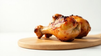 Close-up view of succulent roasted chicken drumsticks, glistening with a savory glaze, artfully arranged on a rustic wooden board against a bright white backdrop.