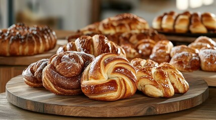 Freshly baked pastries displayed on wooden platters in a cozy bakery setting