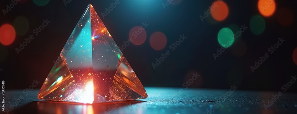 Poster Crystal prism refracts light with abstract blurred colorful lens flare bokeh on black background. Light refraction effect wide web banner background. Concept of science, physics, optical effect,