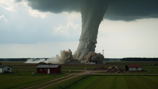 A photographed scene of a menacing tornado landing on the ground