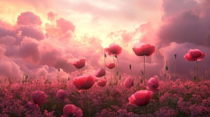 Obraz premium 1.Pink fluffy clouds and fog with giant poppies and giant stemmed flowers