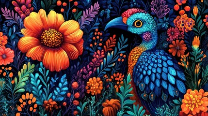 Fototapeta premium Vibrant Tropical Bird Amidst a Kaleidoscope of Flowers