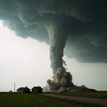 A photographed scene of a menacing tornado landing on the ground