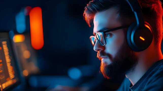 A focused young man wearing headphones, immersed in coding on his computer in a dimly lit environment with neon lighting.