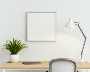 A minimalist workspace featuring a blank frame, desk lamp, potted plant, and a clean desk, promoting a serene and organized atmosphere.