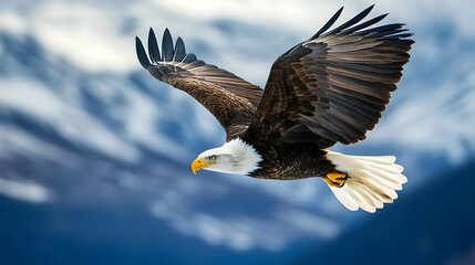 Obraz premium A majestic bald eagle soaring through the sky, showcasing its powerful wings against a stunning backdrop of blue and white clouds.
