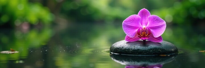 orchid with therapy stone in a peaceful pond environment, environment, orchids, reflection