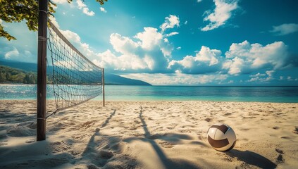 Beach volleyball net, ball, tropical ocean, sunset, vacation