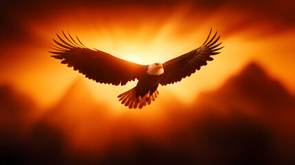 A majestic eagle soaring through a vibrant sunset, showcasing its powerful wings in a breathtaking display of nature's beauty.
