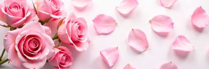 Obraz premium Pastel pink rose petals scattered on a soft white background, bouquet, floral