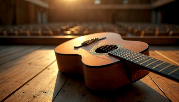 Close-up Acoustic Guitar on Wooden Auditorium Floor - Powered by Adobe