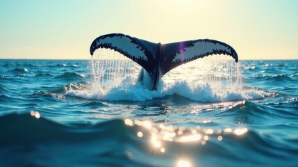 Obraz premium Majestic Whale Fluke Emerges from Ocean's Embrace at Dawn's Golden Hour