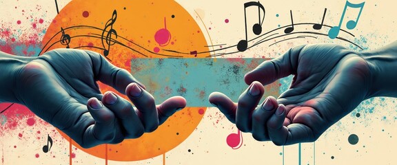 Modern colorful collage illustration featuring human hands. Pop art composition with music notes. Grunge banner elements for online mix tape cover, podcast background. Halftone elements for club