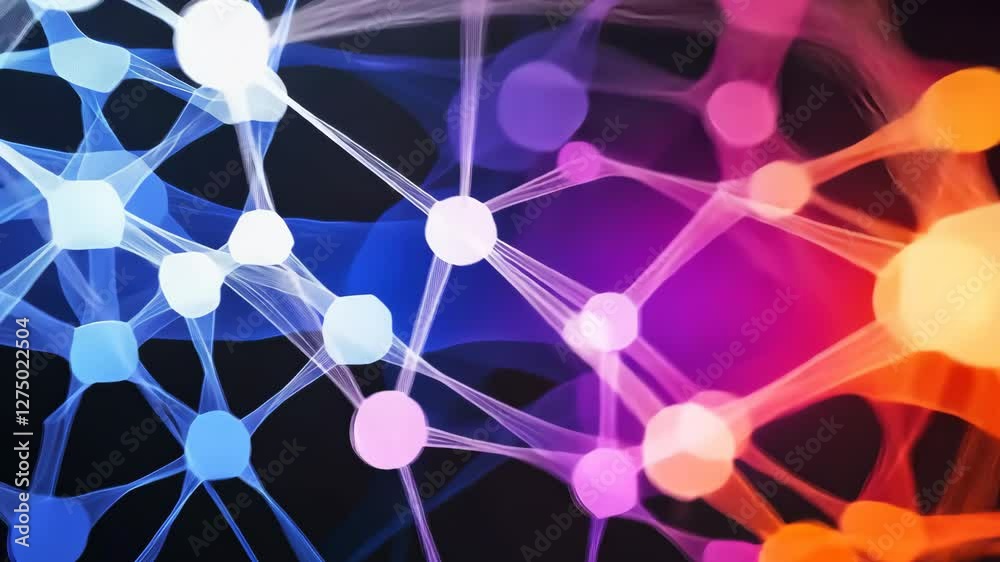 Poster vibrant network of interconnected nodes and lines in blue and pink hues symbolizing digital communic
