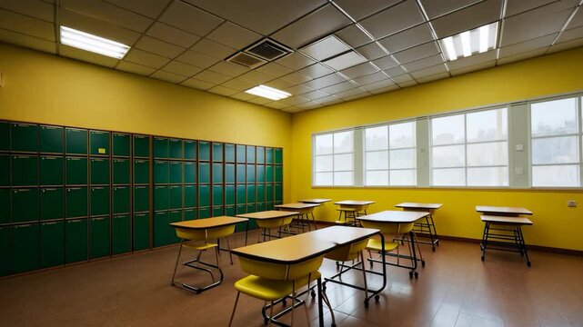 Video footage of empty classroom with yellow walls, green lockers, and desks arranged in rows. Well lit by overhead lights and large windows
