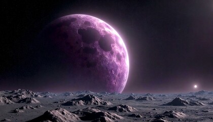 Glowing Purple Moon Over Rocky Night Landscape