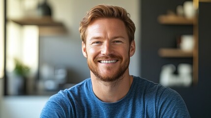 Obraz premium Young man smiling warmly, soft light enhancing his cheerful expression, minimal background.