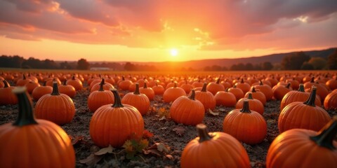 Autumnal Harvest A Field of Pumpkins Bathed in the Golden Hues of a Sunset