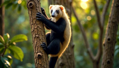 Obraz premium Lemur Climbing Tree in Lush Forest at Sunset