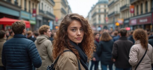 Young beautiful woman with curly hair looks at camera in middle of big crowd in city. Many people walk on street. Female in youth lifestyle setting, face detail, team on blurred background. Student