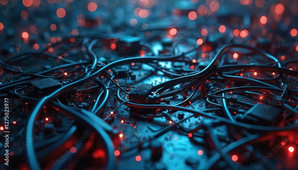 Poster illustration of tangled dark cables with glowing red, blue neon light spots. messy wires symbolize c