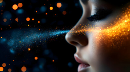Fototapeta premium A serene profile of a woman illuminated by ethereal sparkles and gentle light trails, embodying tranquility and introspection.