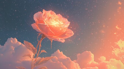 A space-themed romantic tableau of a woman, enraptured by a massive glowing rose that fills the sky. Dreamy starry background, pastel tones, and intricate character design. 