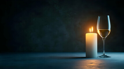 A serene setting featuring a illuminated candle beside a glass of wine, creating a warm and inviting atmosphere.