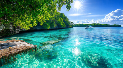 Obraz premium Dynamic water splash, bubbles, ripples, underwater light rays and tranquil ocean views