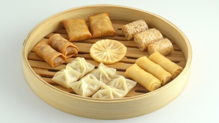 Assortment of Delicious Chinese Dim Sum Delights in a Bamboo Steamer