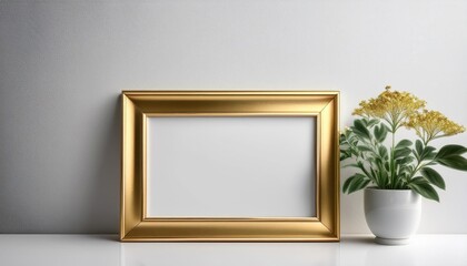 Elegant Gold Frame Mockup Against a White Wall with Fresh Flowers Arrangement on a Minimalist Surface Timeless Beauty and Purity in Home Decor or Artistic Composition