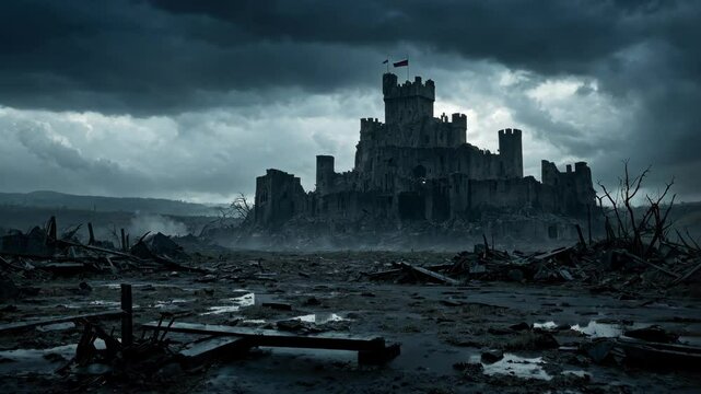 Video footage of dark, imposing castle looms under a stormy sky, amidst a desolate, war torn landscape, conveying a sense of foreboding