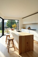 Fototapeta premium Modern kitchen island with natural wood countertop and white cabinetry, bathed in sunlight streaming through large windows overlooking a tranquil garden.