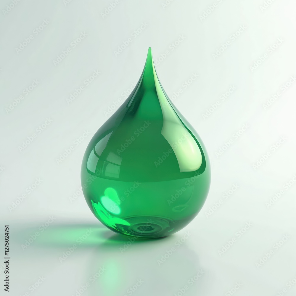 Poster Isolated green liquid drop. 3D render of fluid droplet on white background. Abstract design element with iridescent glow effect, gradient, vibrant energy, glossy surface, modern shape. Light