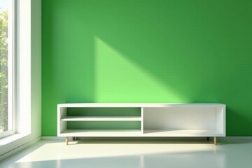 Sunlit Interior with Minimalist White Shelving Unit Against a Vibrant Green Wall