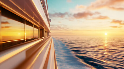 Obraz premium A stunning view of the ocean at sunset from a luxurious yacht, capturing the serene beauty of nature and travel.