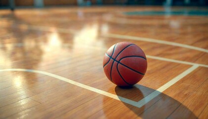 Close-up basketball on court with reflection
