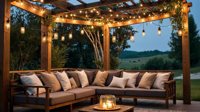 Video footage of cozy outdoor patio with a wooden pergola adorned with string lights, a comfortable L shaped sofa with numerous cushions, and a candle centerpiece
