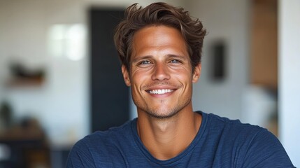 Fototapeta premium Young man smiling warmly, soft light enhancing his cheerful expression, minimal background.