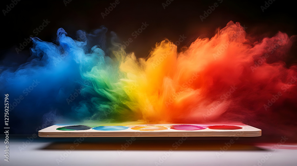 Poster a vibrant display of colored powder exploding from a palette, creating an artistic and dynamic visua
