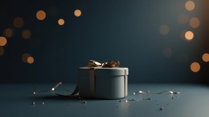 Elegant Gift Box with Golden Ribbon on Dark Background, Illuminated by Soft Bokeh Lights
