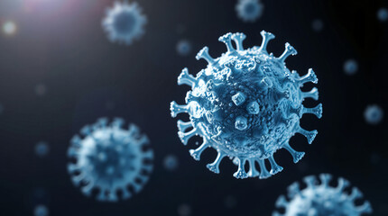 3D render of rhinovirus particles in winter colors - Icy blue and white crystalline structure