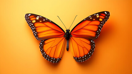 Fototapeta premium A vibrant monarch butterfly displaying stunning orange and black wings against a bright orange background, symbolizing transformation.