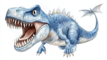 Fierce blue dinosaur roaring with sharp teeth, a prehistoric predator's powerful display