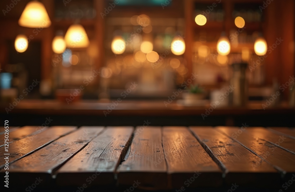 Aufkleber empty wooden table and blurred bar background with bokeh lights. wood desk surface with counter in d