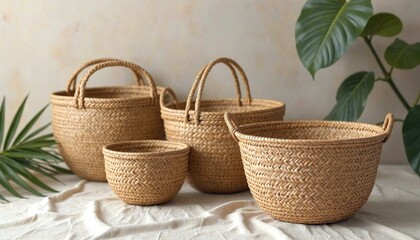 Fototapeta premium Wicker Baskets with Green Plants Background
