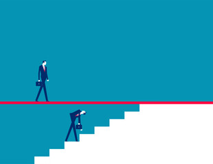 Fototapeta premium Employee stopped in ascension to higher steps by a glass ceiling ana annoyed by a boss above it