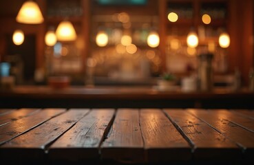 Empty wooden table and blurred bar background with bokeh lights. Wood desk surface with counter in dark interior of cafe. Abstract design montage for food product display.