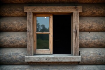 Rustic wooden cabin window with one pane open, showcasing aged wood texture and a glimpse of nature outside